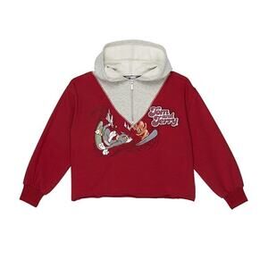 TRUCE Girl's Dark Red Terry Cotton Tom & Jerry Crop Hoodie Big Kids Size L / 14